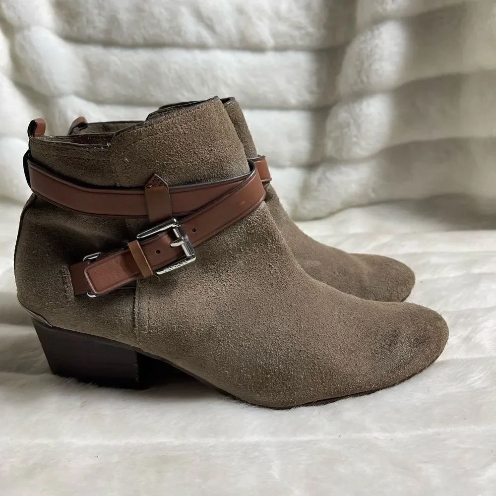 Coach Pauline leather suede khaki & Tan straps ankle boots side zipper s…